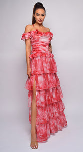Lavera Red Tie Dye Ruffle Side Slit Maxi Dress